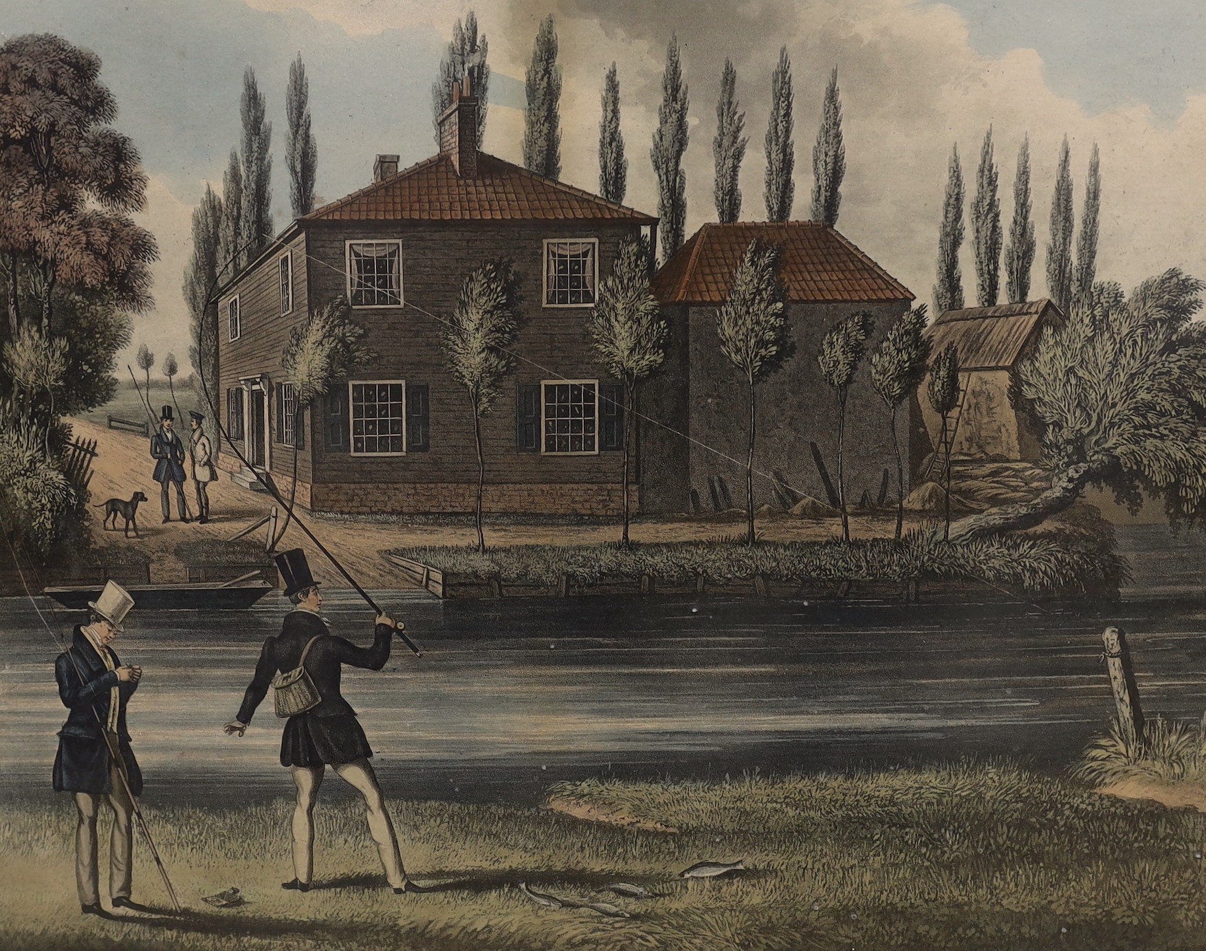 After James Pollard, late 19th century, coloured print, ‘Bottom Fishing’ and ‘Fly Fishing’, 38 x 47cm